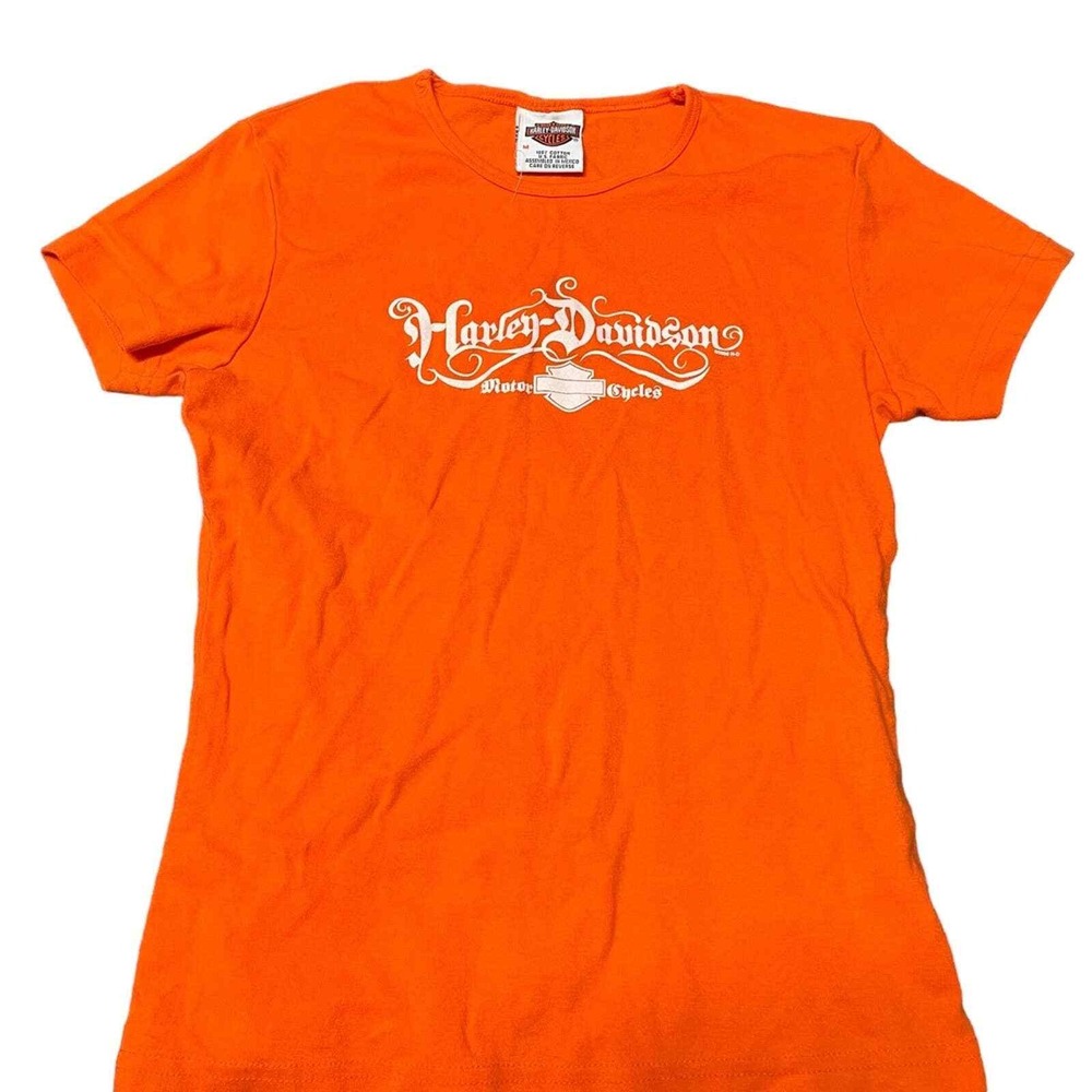 y2k Biker Harley-Davidson T-Shirt Womens‎ Medium Orange Graphic Tee